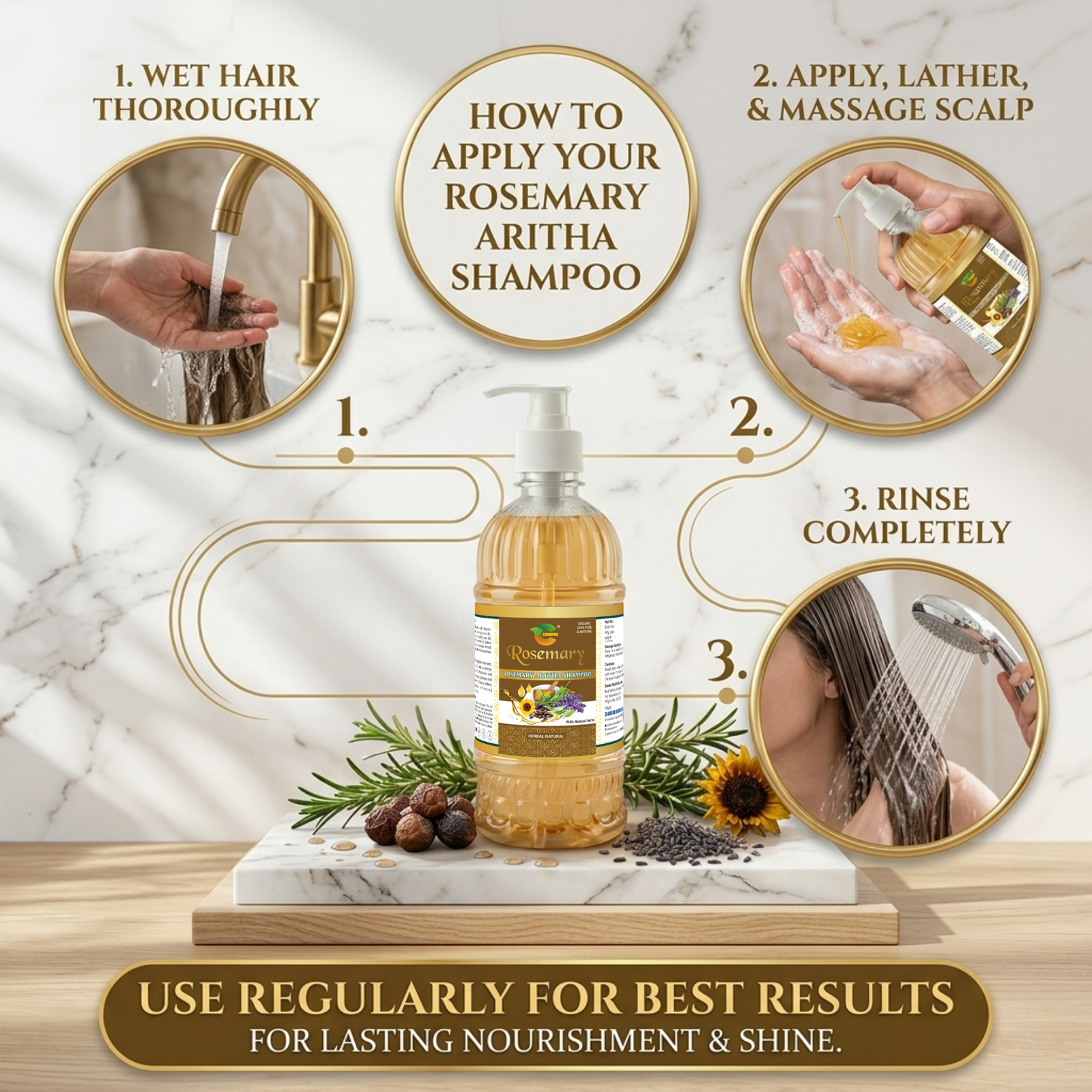 COSMI Rosemary Aritha Shampoo How to Apply – Wet Hair Apply Lather Rinse Steps for Best Results