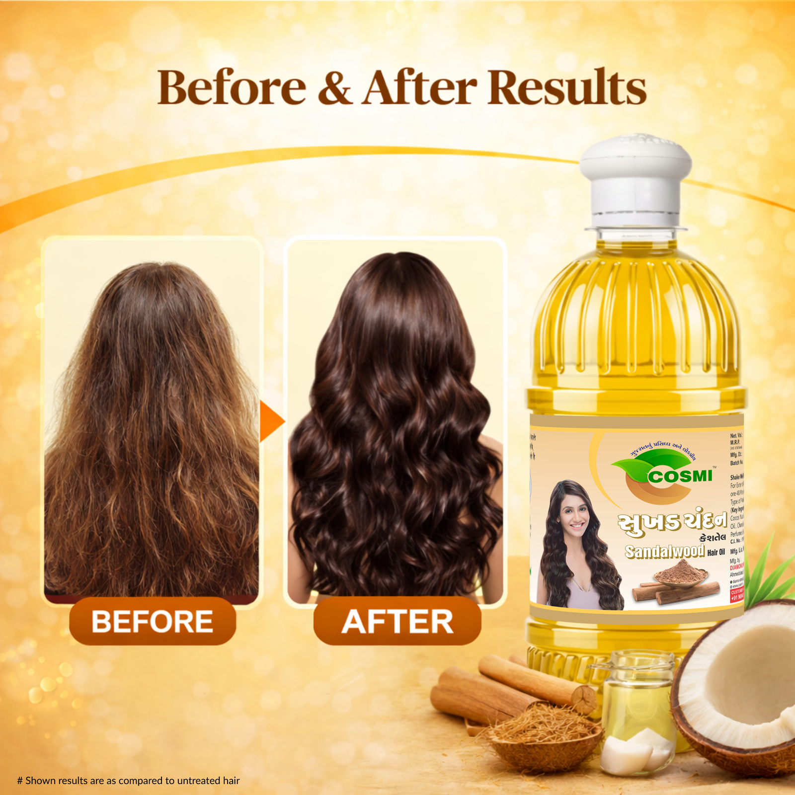 COSMI Naturals Chandan Sandalwood Hair Oil Before After Results – Visible Hair Transformation from Dull to Voluminous Shiny Hair