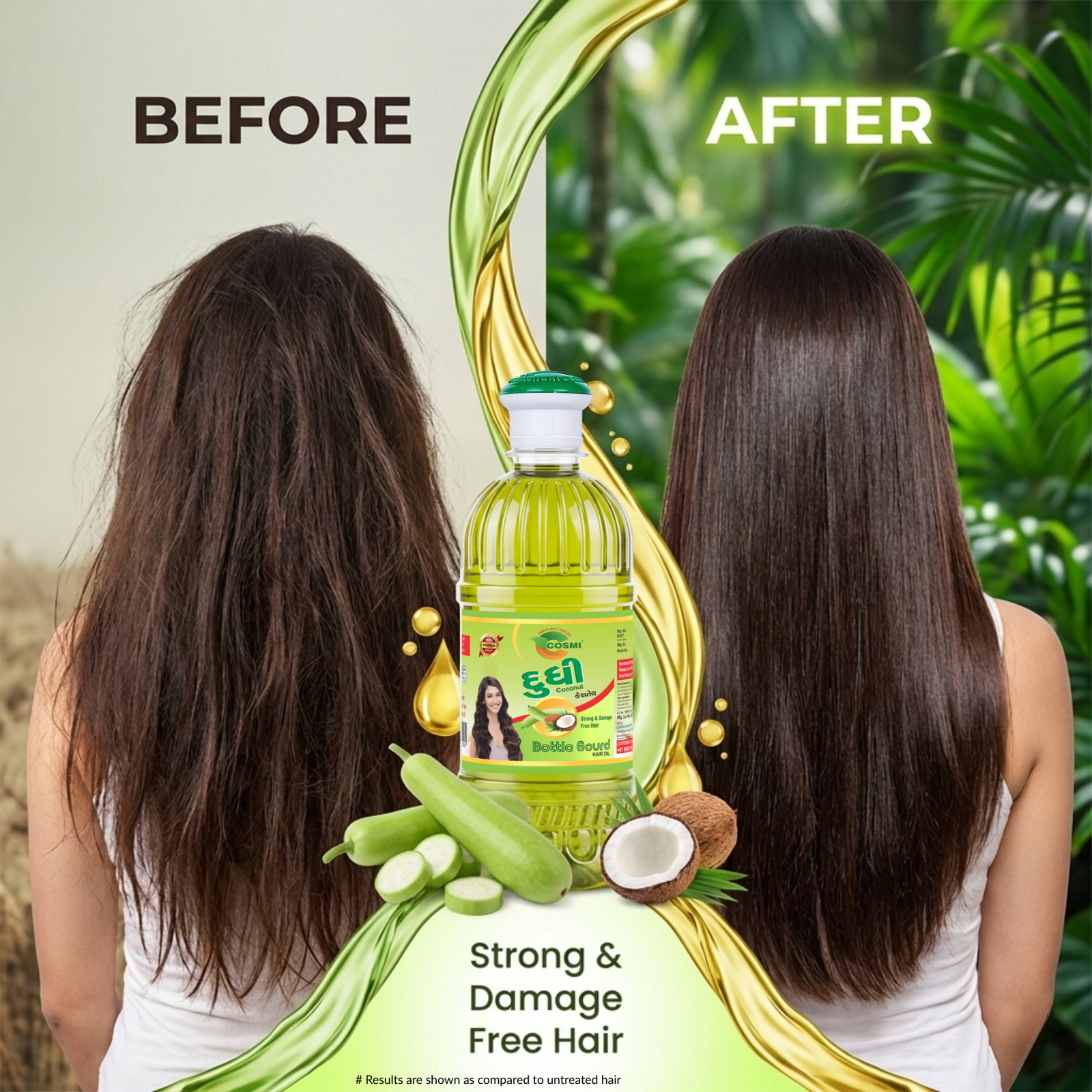 COSMI Naturals Dudhi Hair Oil Before After Results – Strong Damage Free Hair Transformation with Bottle Gourd Oil