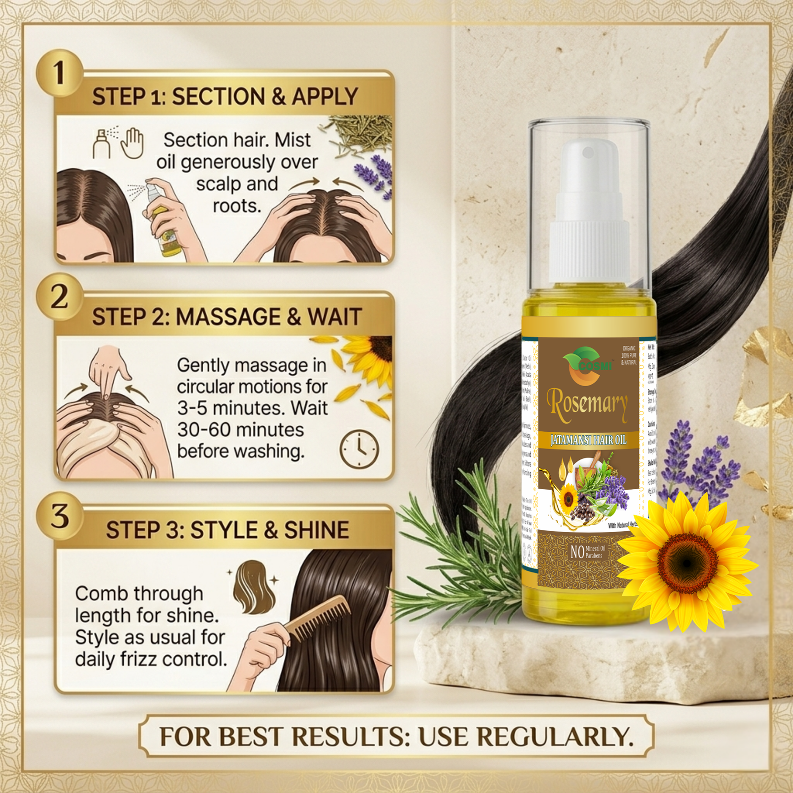 COSMI Rosemary Intra-Ayurvedic Hair Oil 100ml Spray Bottle How to Apply – 3 Easy Steps: Section & Apply, Massage & Wait, Style & Shine for Best Results