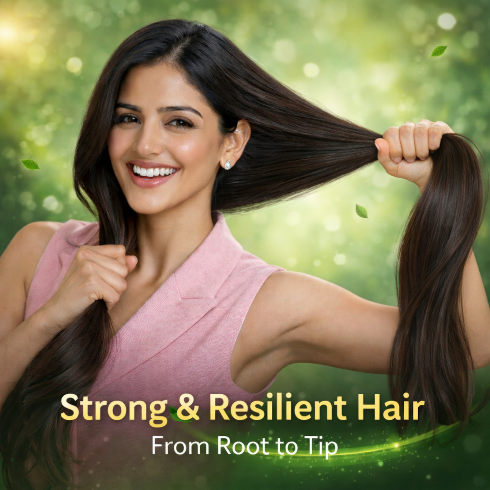 COSMI Neem & Tulsi Hair Growth Oil – Strong & Resilient Hair From Root to Tip Lifestyle Image, Model with Long Strong Shiny Hair