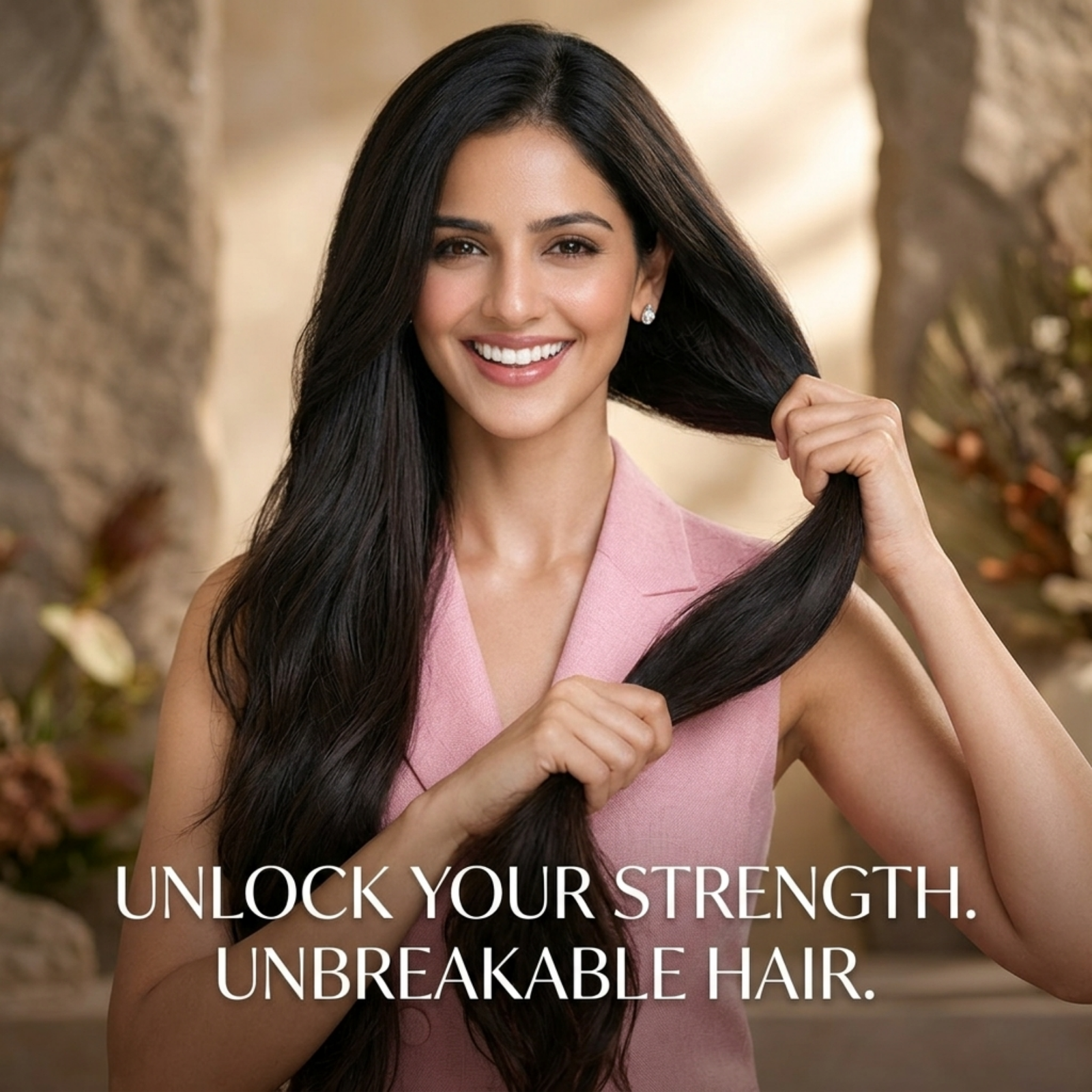 COSMI Rosemary Aritha Shampoo – Unlock Your Strength Unbreakable Hair Lifestyle Ad with Woman Showing Long Hair