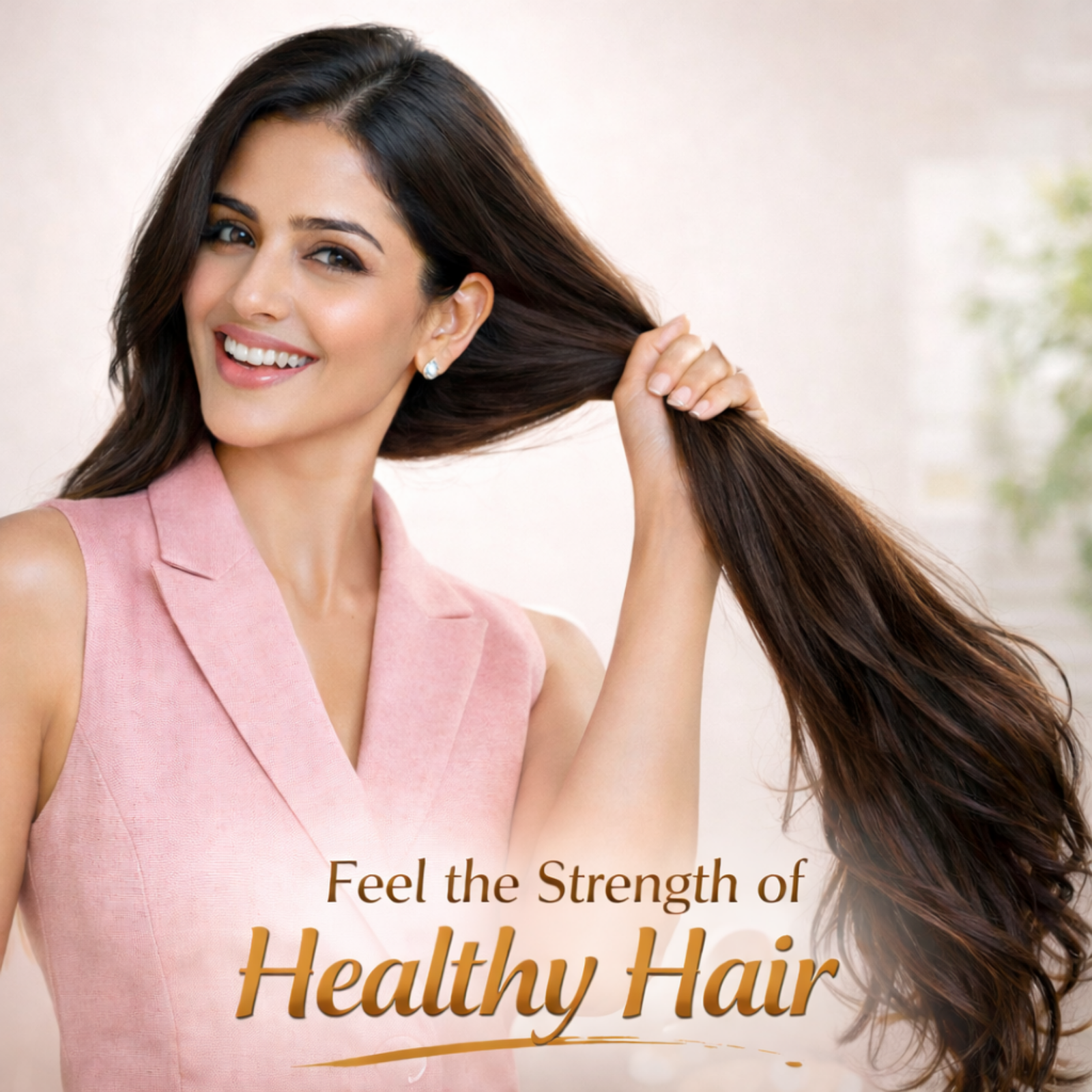COSMI Milky Way Shampoo – Feel the Strength of Healthy Hair Lifestyle Ad with Woman Showing Silky Long Hair