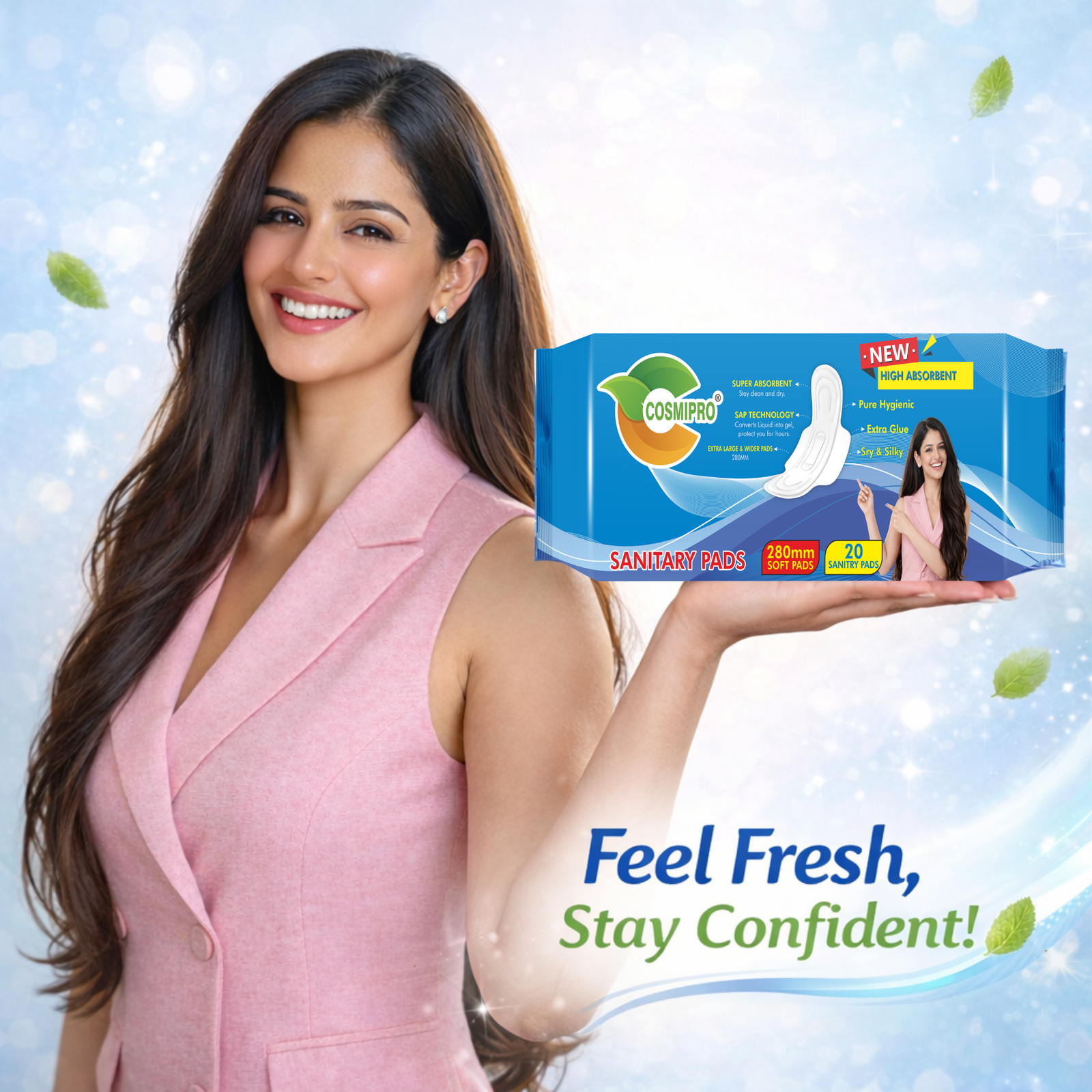 COSMIPRO Sanitary Pads 280mm – Feel Fresh Stay Confident Lifestyle Model Image, New High Absorbent Soft Pads for All-Day Comfort & Confidence