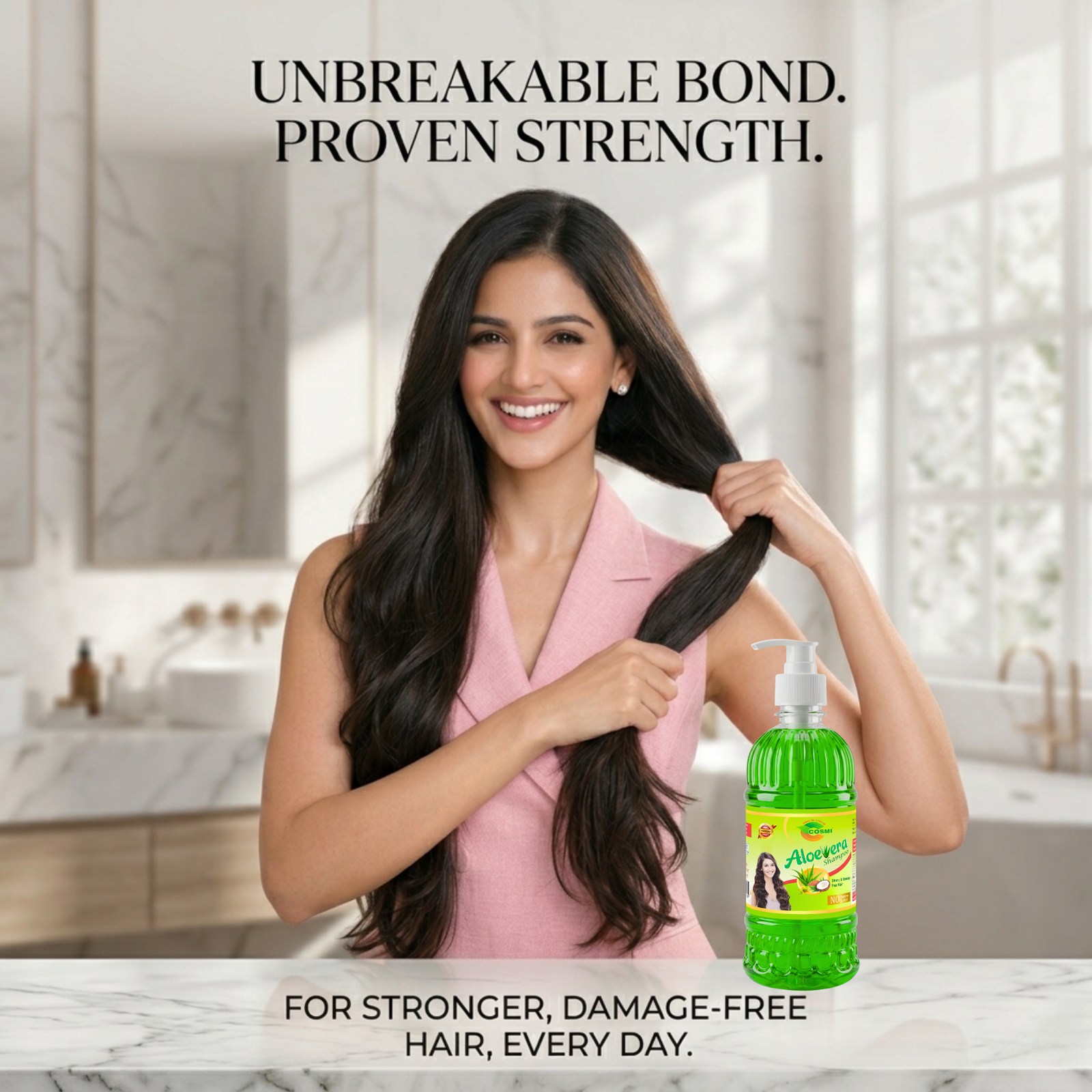 COSMI Aloe Vera Shampoo 500ml – Stronger Damage-Free Hair Lifestyle Ad with Woman Showing Healthy Long Hair