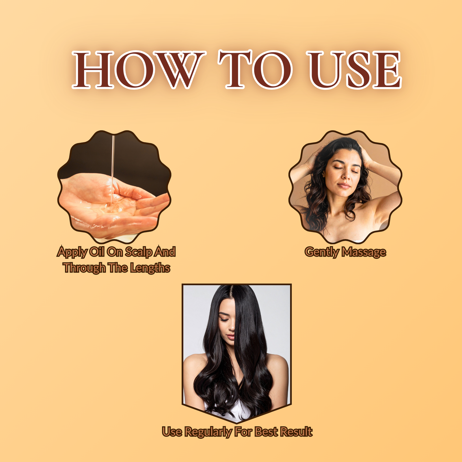 Three-step 'How to Use' guide for COSMI Almond Hair Oil featuring application, massage, and regular use.