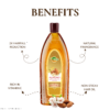 COSMI Almond Hair Oil bottle pointing out 2X hairfall reduction, Vitamin E richness, non-sticky texture, and natural fragrance.