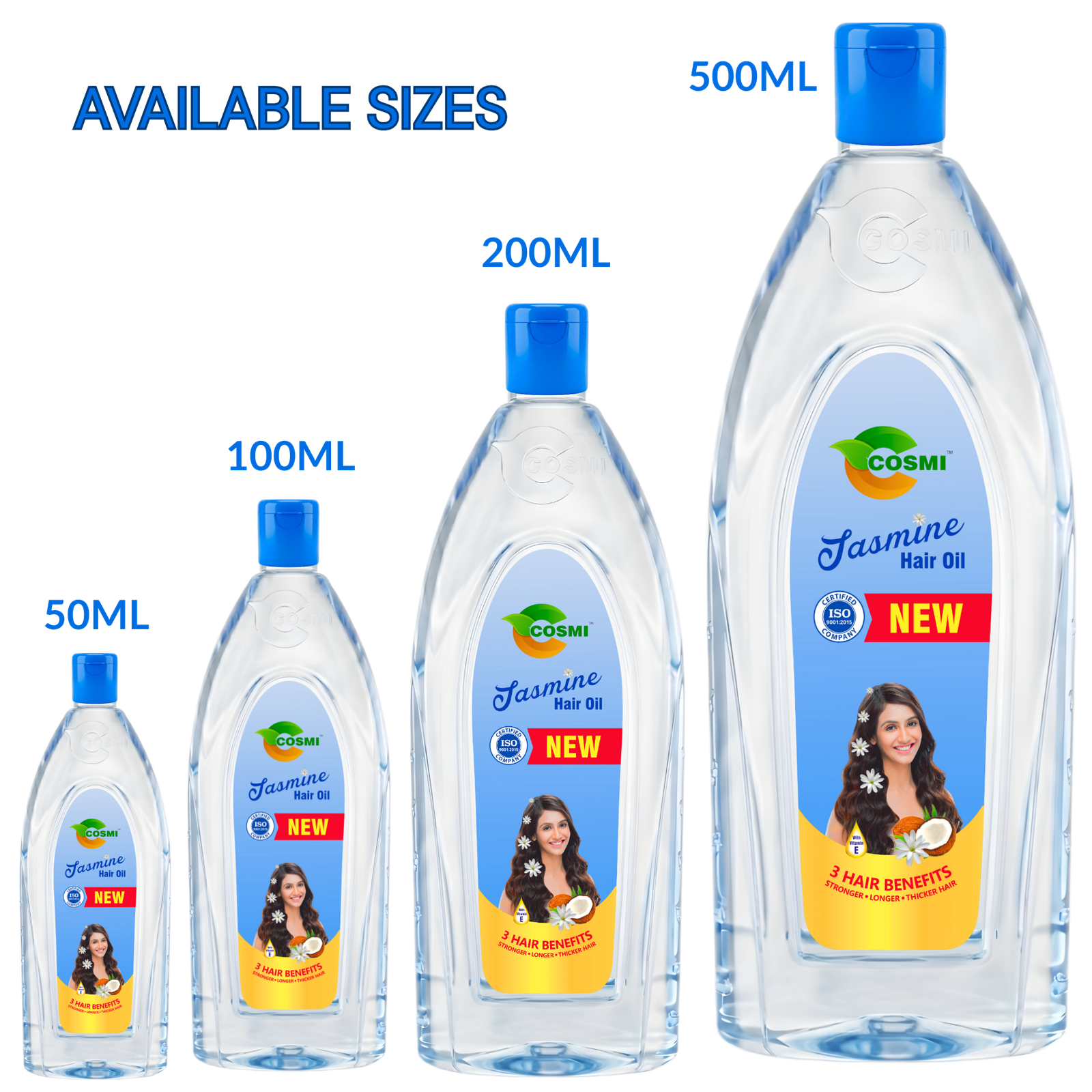COSMI Jasmine Hair Oil Available Sizes – 50ml, 100ml, 200ml & 500ml Flip-top Bottles for Natural Jasmine Hair Care
