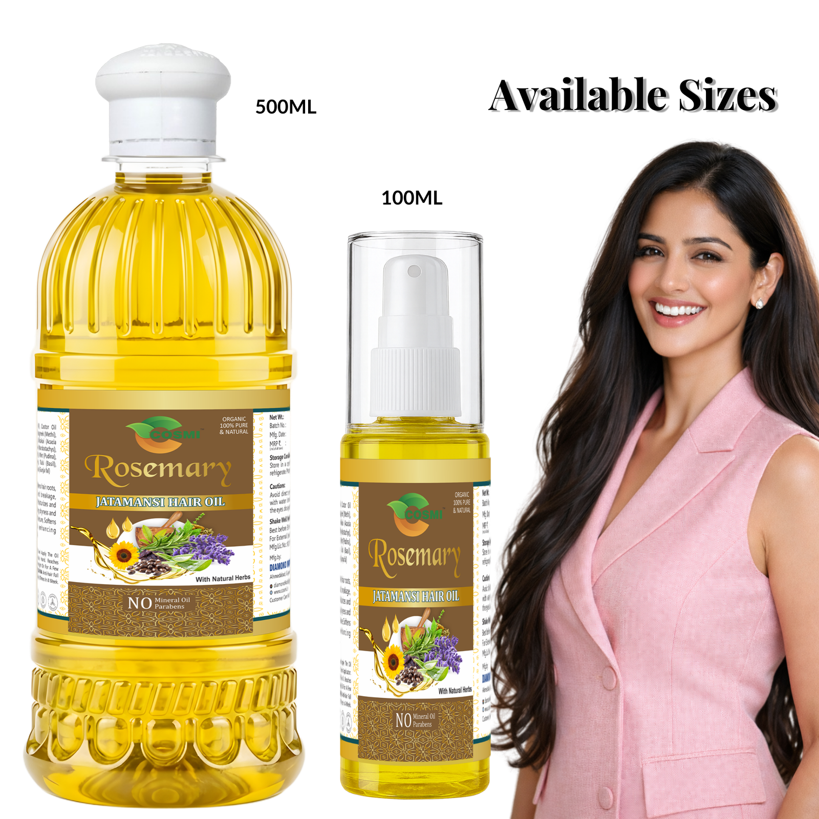 COSMI Rosemary Intra-Ayurvedic Hair Oil Available Sizes – 500ml Gujarati Bottle & 100ml Spray Bottle for Natural Hair Growth & Hair Fall Control