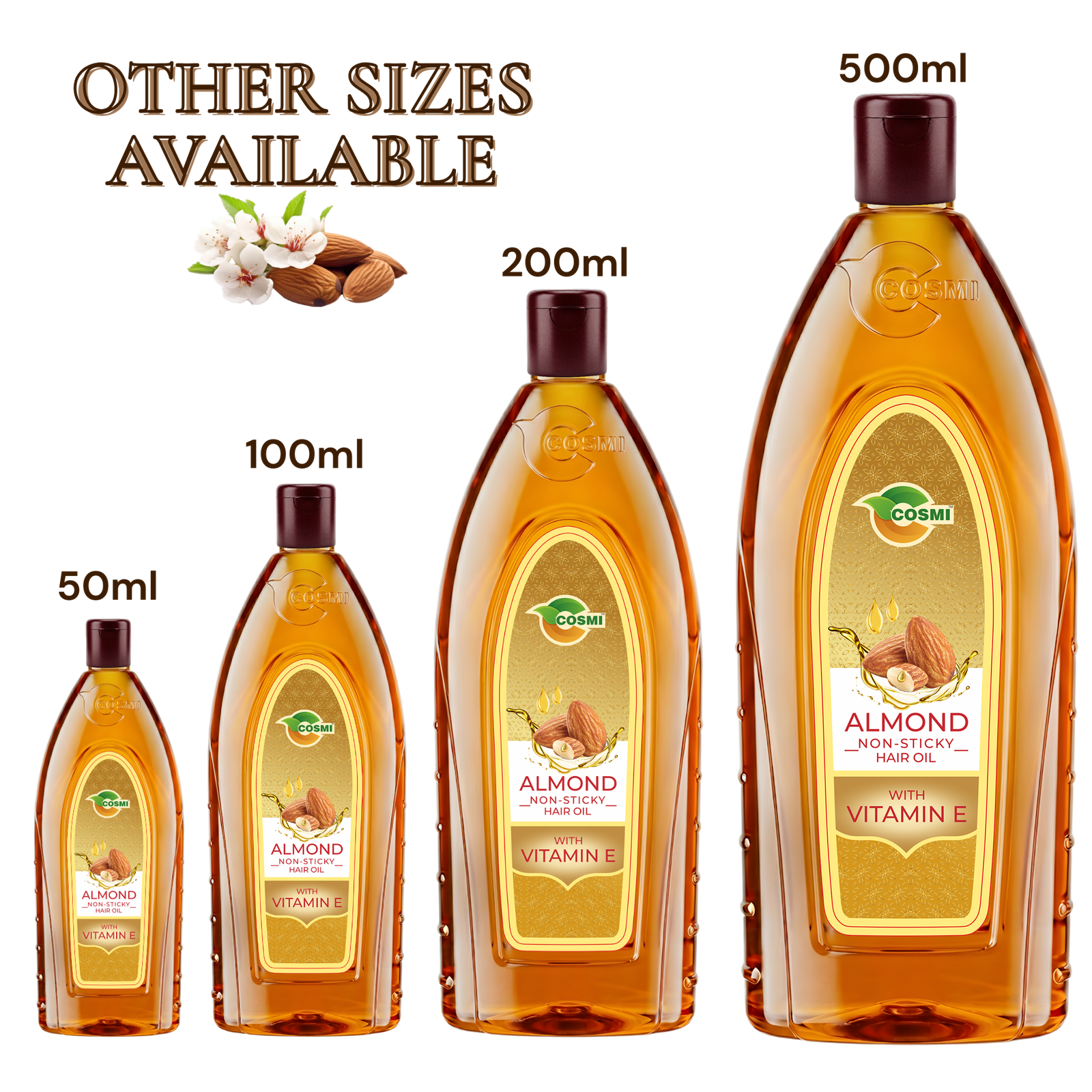 Lineup of COSMI Almond Non-Sticky Hair Oil bottles in 50ml, 100ml, 200ml, and 500ml sizes.