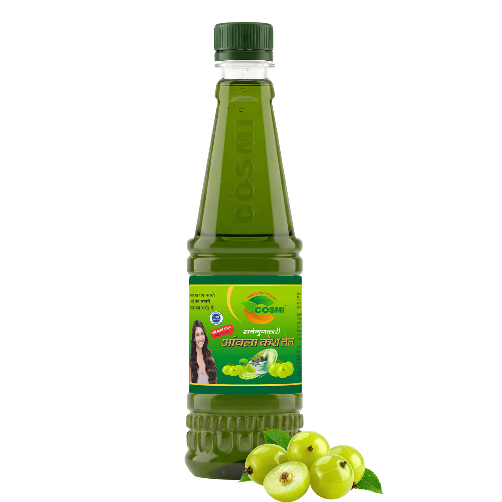 COSMI Sarvagunkari Amla Kesh Tel 450ml bottle with fresh amla fruit against a white background.