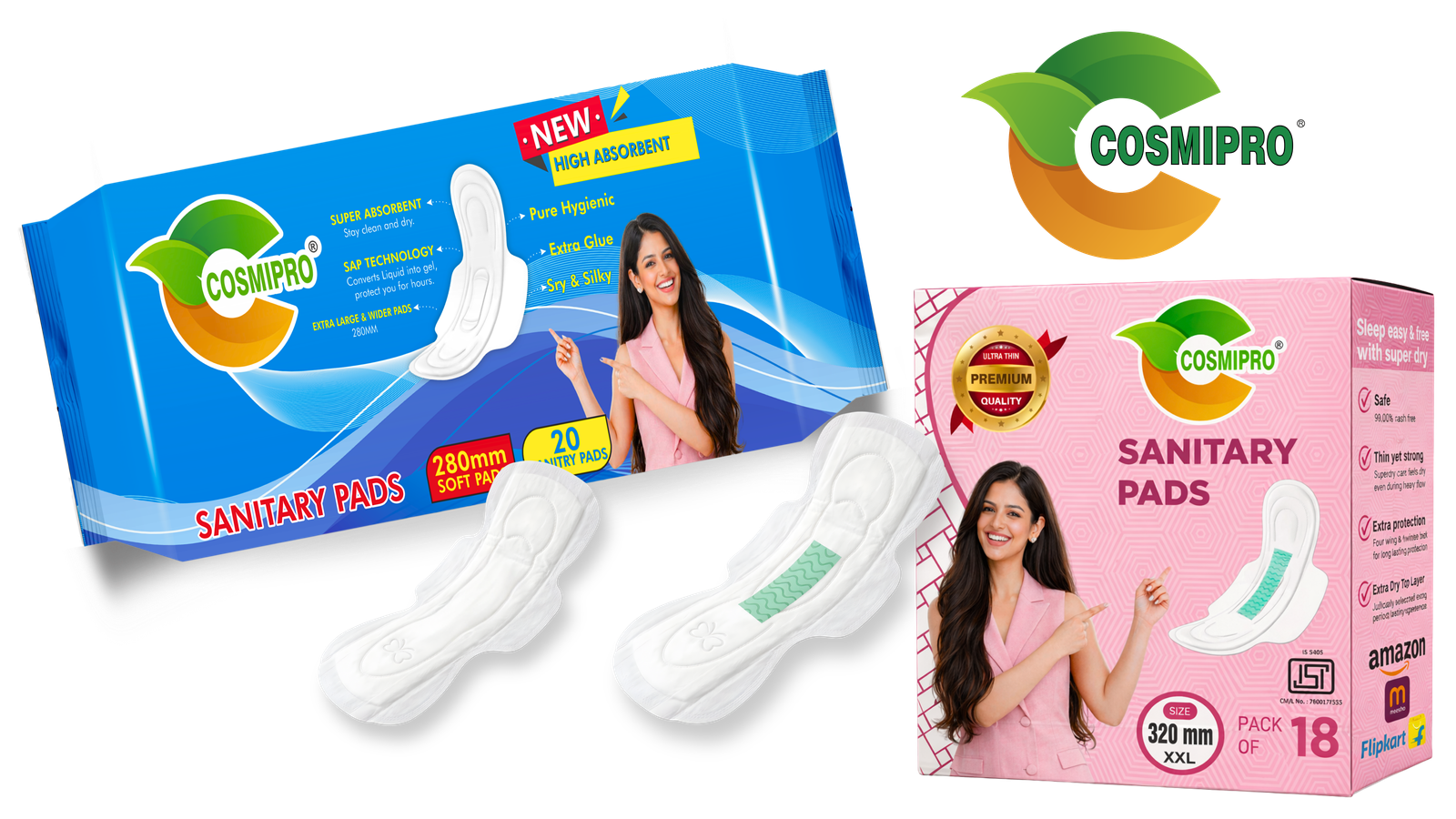 Complete range of Cosmipro sanitary pads by Diamond Industries — 280mm and 320mm XXL ultra-thin premium sanitary pads