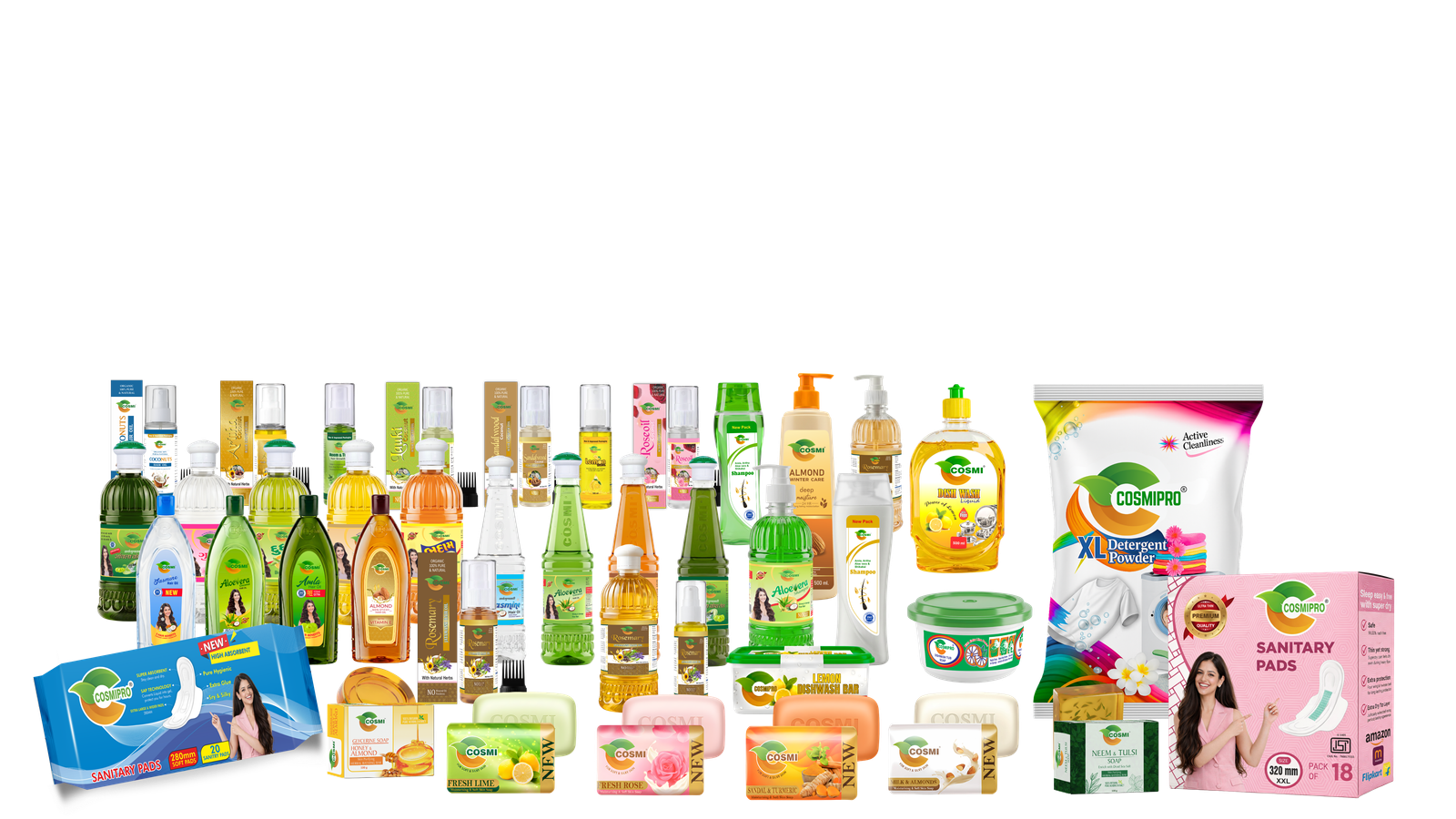 COSMI Naturals and Cosmipro complete product catalogue by Diamond Industries — hair oil, shampoo, soaps, and sanitary pads