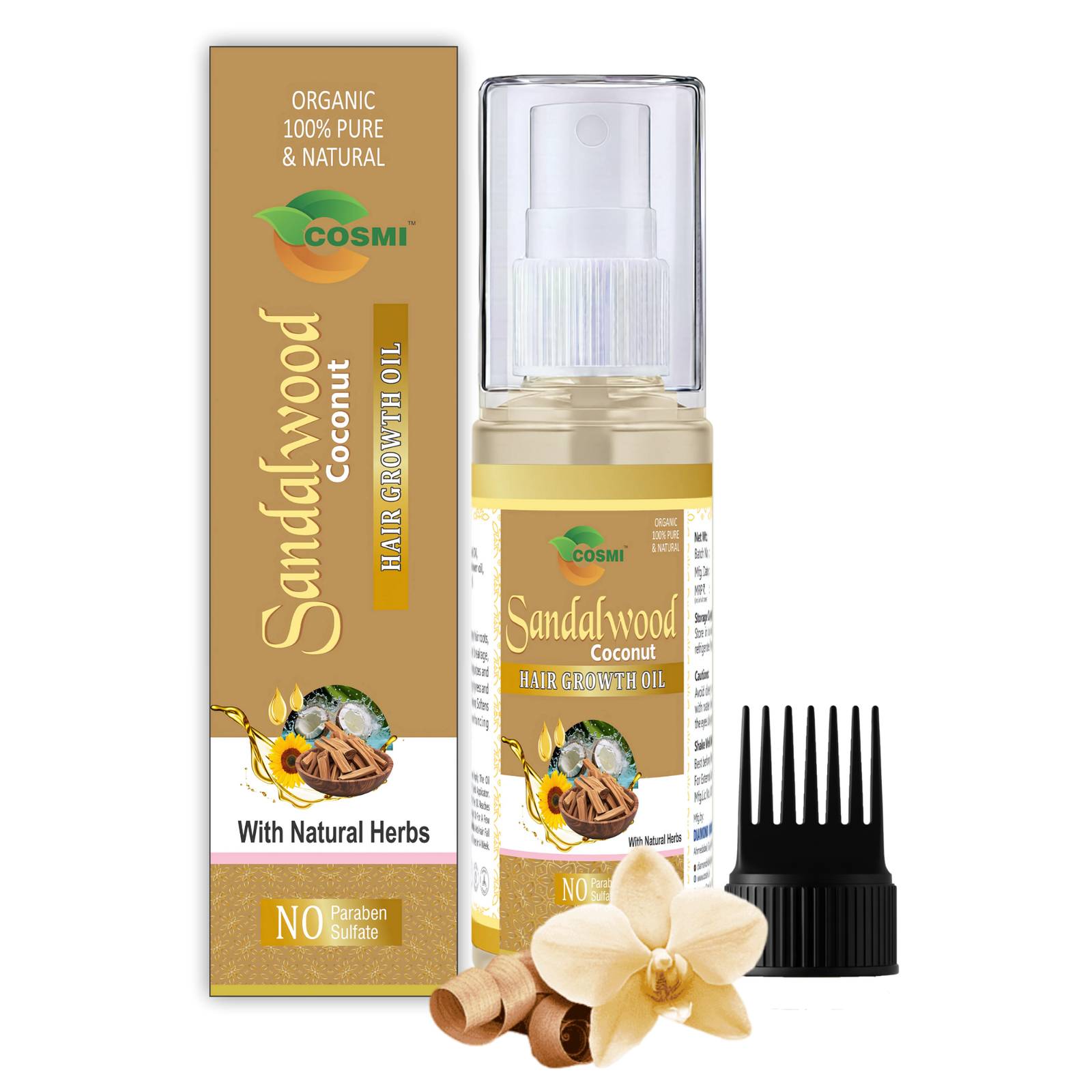 COSMI Naturals Sandalwood Coconut Hair Growth Oil Spray Bottle – Organic 100% Pure Natural Chandan Hair Oil with Natural Herbs No Paraben