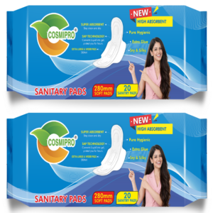 COSMIPRO Sanitary Pads 280mm 20 Soft Pads Pack – New High Absorbent, SAP Technology, Pure Hygienic, Extra Large & Wide, Dry & Silky for Maximum Comfort & Protection