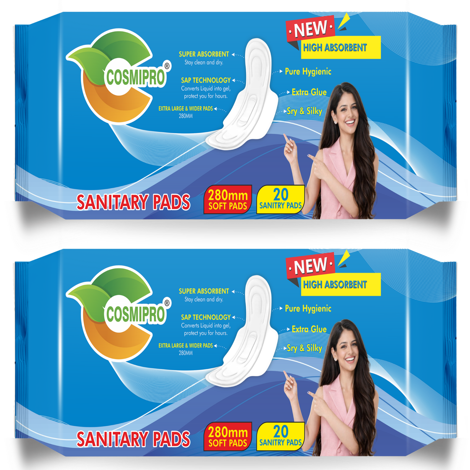 COSMIPRO Sanitary Pads 280mm 20 Soft Pads Pack – New High Absorbent, SAP Technology, Pure Hygienic, Extra Large & Wide, Dry & Silky for Maximum Comfort & Protection