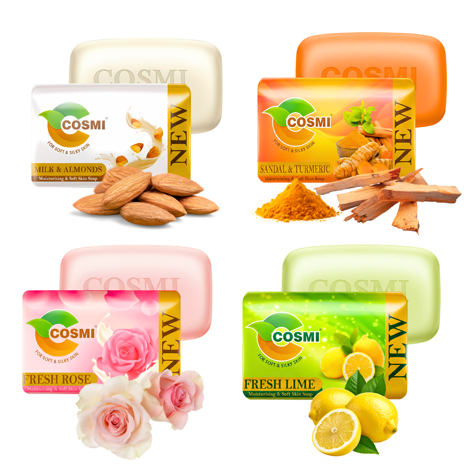 COSMI Naturals Combo Soap Pack – Milk & Almonds, Sandal & Turmeric, Fresh Rose, Fresh Lime