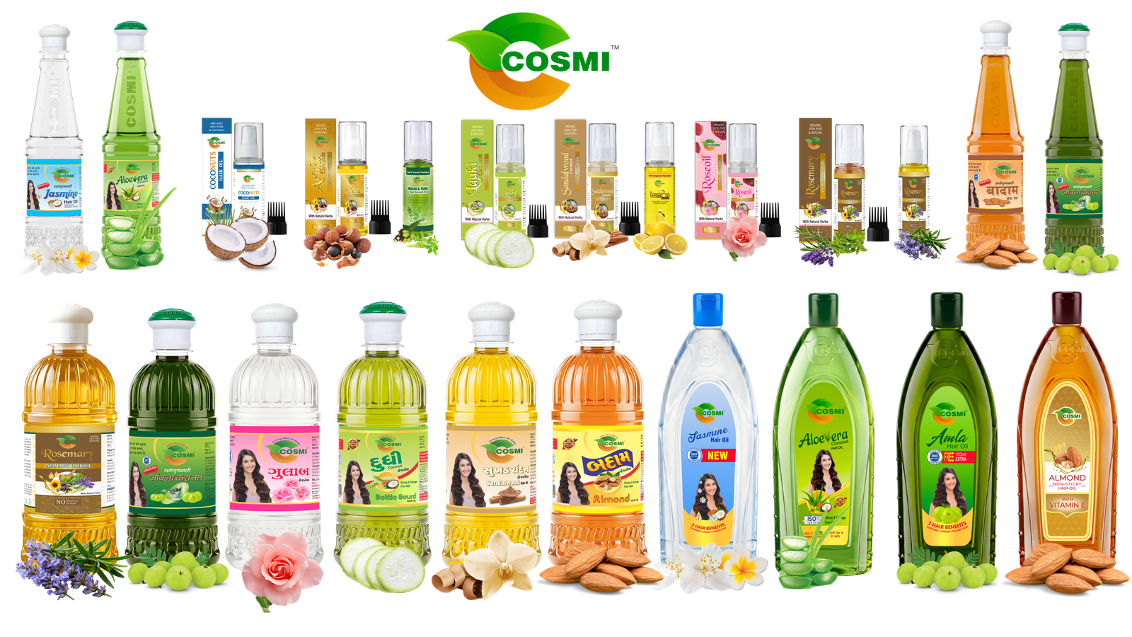 Complete range of Cosmi hair oil products by Diamond Industries — Rosemary, Almond, Amla, Jasmine, Coconut, and more natural hair oils