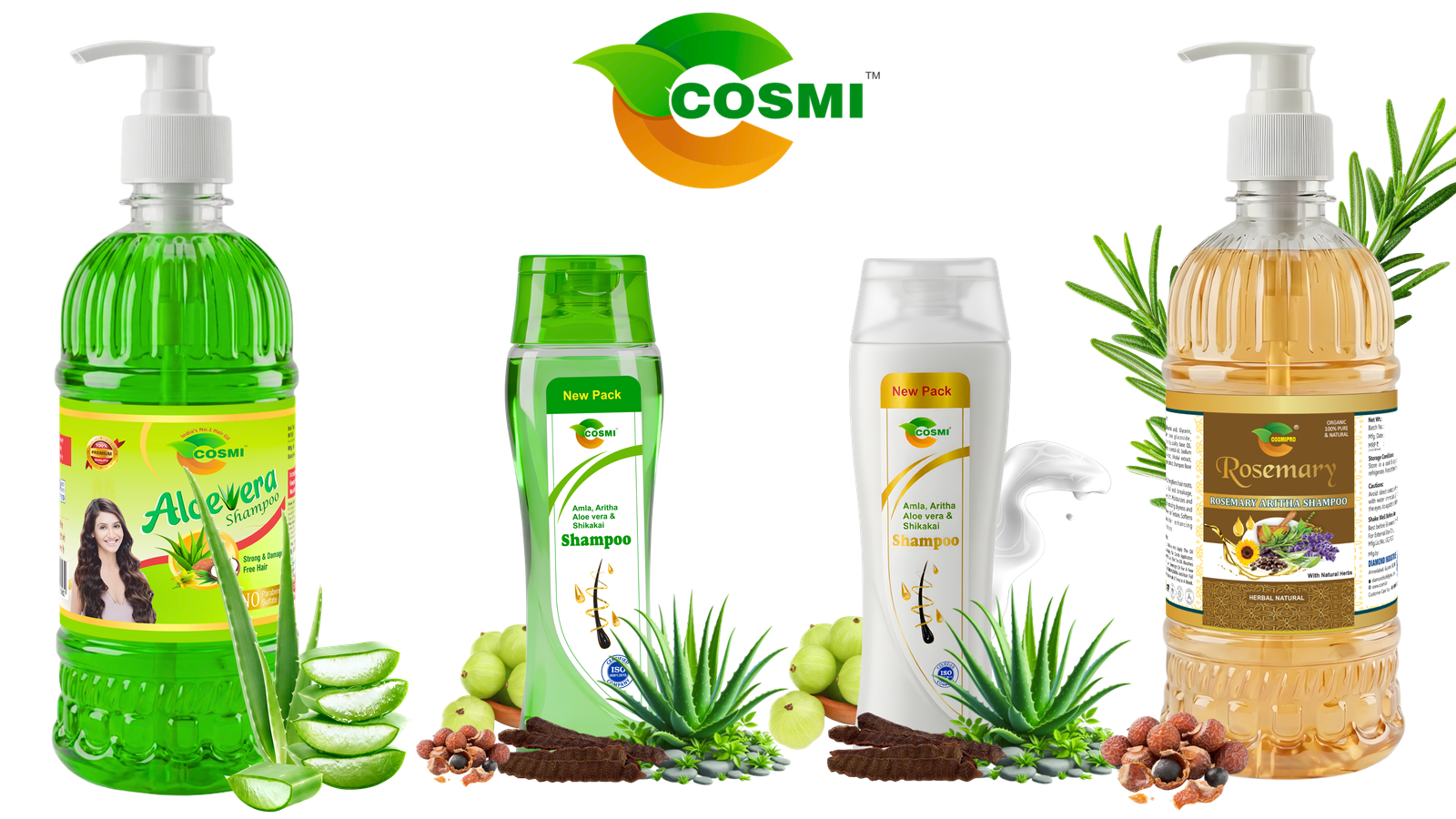 Complete range of Cosmi shampoo products by Diamond Industries — Milky Herbal, Aloe Vera, Rosemary Aritha natural shampoos