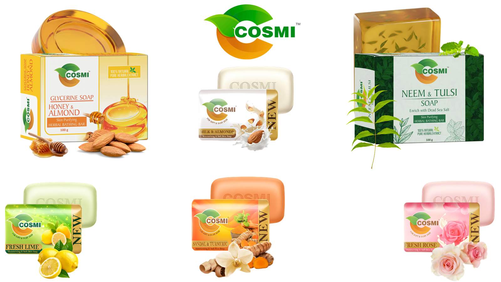 Complete range of Cosmi soaps by Diamond Industries — Neem Tulsi, Honey Almond, Sandal Turmeric, Fresh Rose, Fresh Lime glycerine soaps
