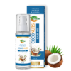 COSMI Organic 100% Pure and Natural Coconuts Hair Oil 100ml spray bottle and box packaging displayed next to fresh coconuts.