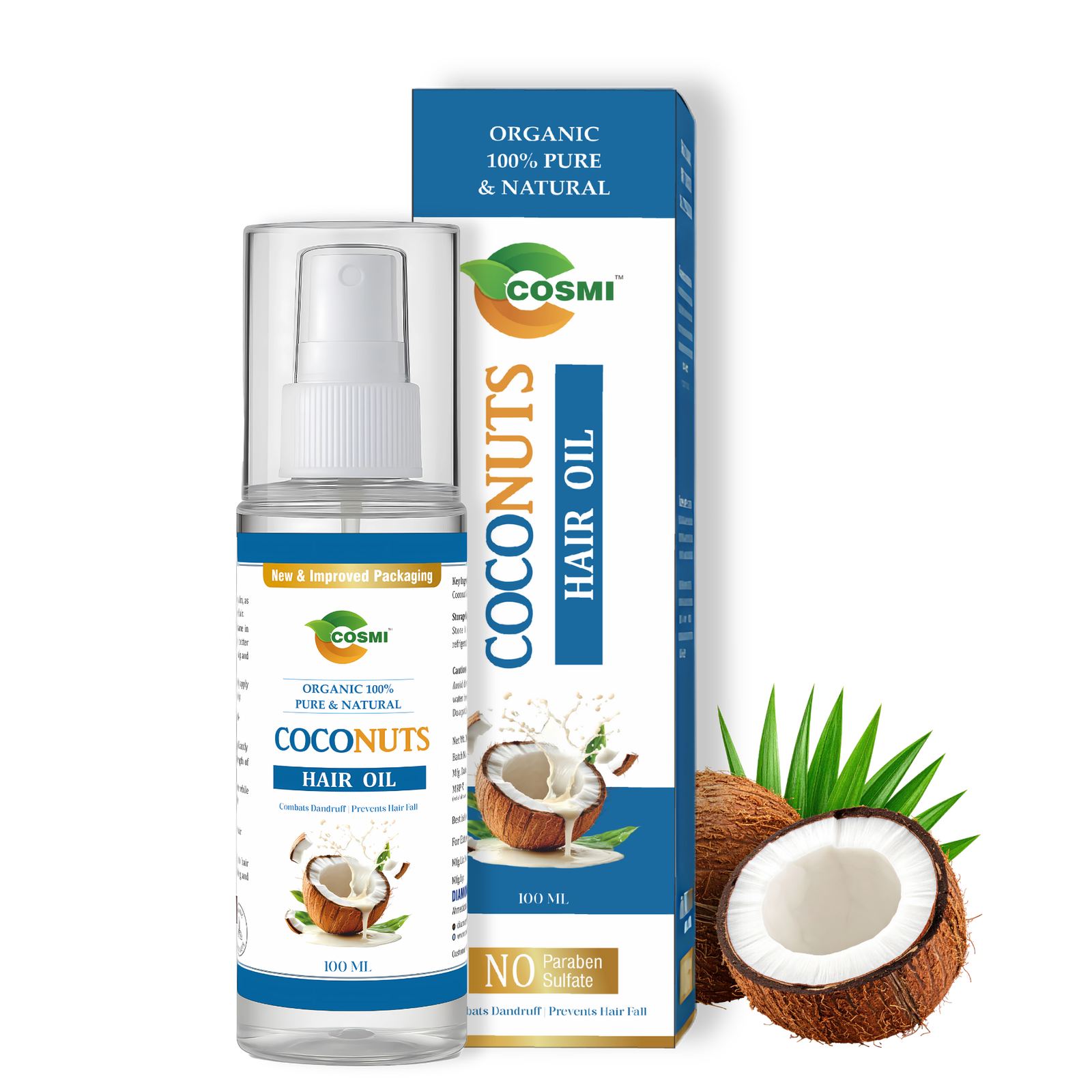 COSMI Organic 100% Pure and Natural Coconuts Hair Oil 100ml spray bottle and box packaging displayed next to fresh coconuts.